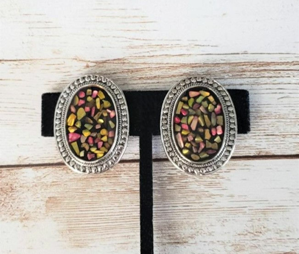 Vintage Clip On Earrings Multicolored Encased Stones Oval 1.25"